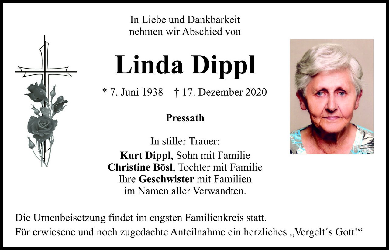 Traueranzeige Linda Dippl, Pressath