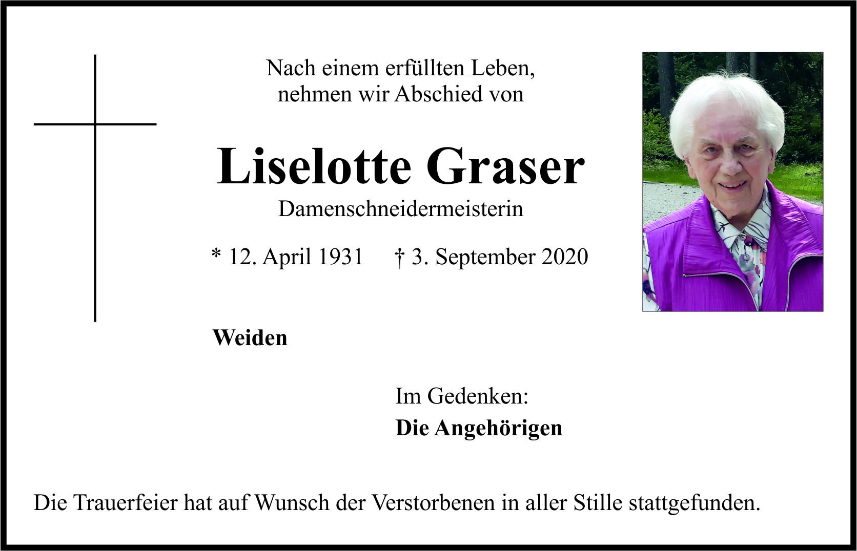 Traueranzeige Liselotte Graser, Weiden