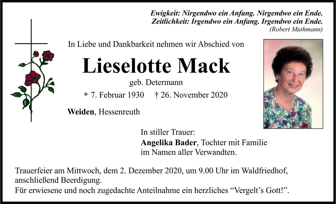 Traueranzeige Liselotte Mack, Weiden
