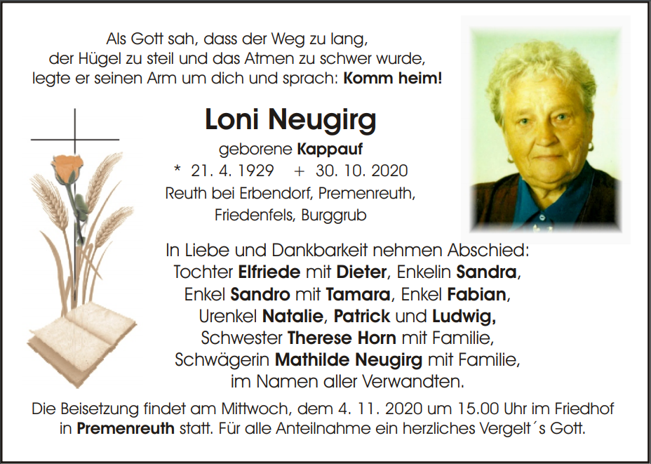 Traueranzeige Loni Neugirg, Reuth bei Erbendorf