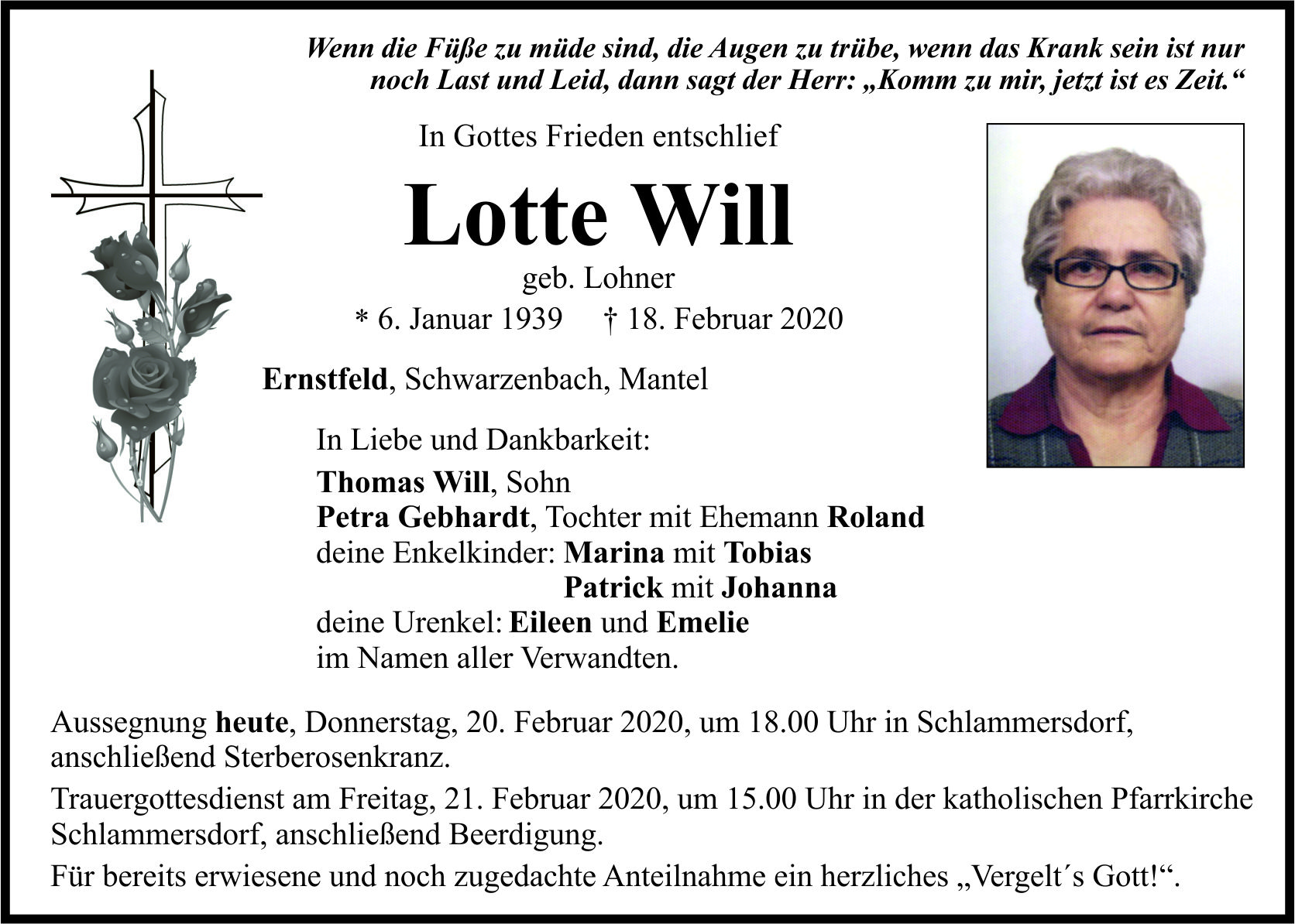 Traueranzeige Lotte Will, Ernstfeld, Schwarzenbach, Mantel