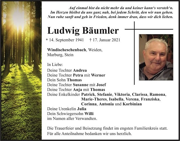 Traueranzeige Ludwig Bäumler Windischeschenbach