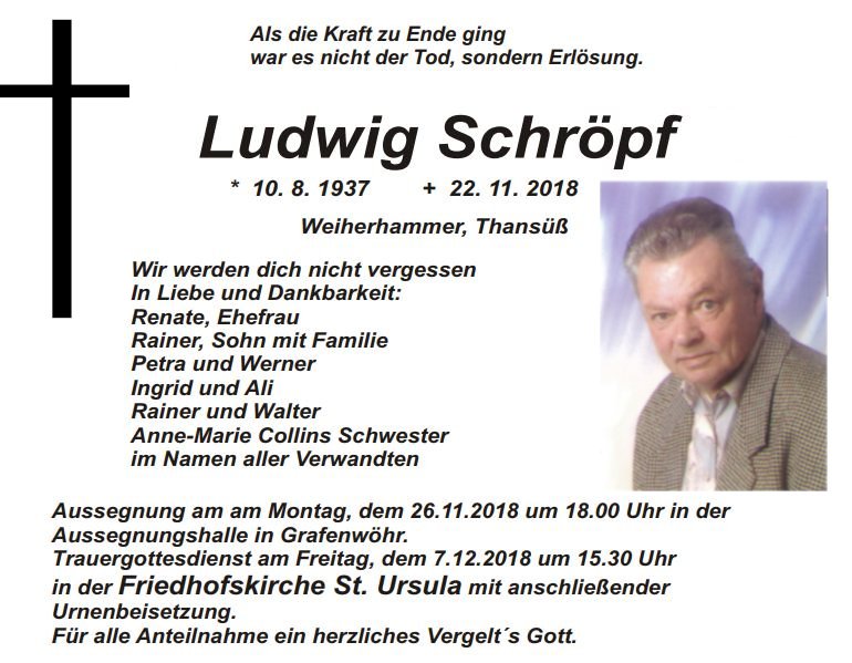 Traueranzeige Ludwig Schröpf, Weiherhammer