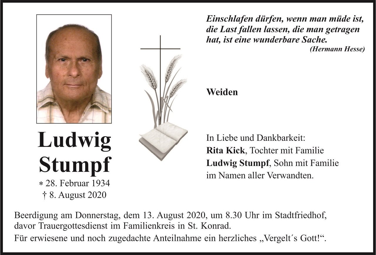 Traueranzeige Ludwig Stumpf Weiden