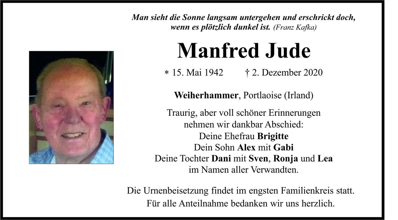 Traueranzeige Manfred Jude, Weiherhammer
