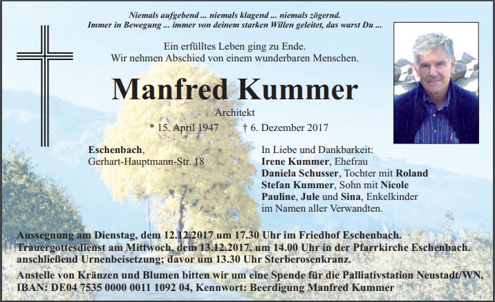 Traueranzeige Manfred Kummer Eschenbach
