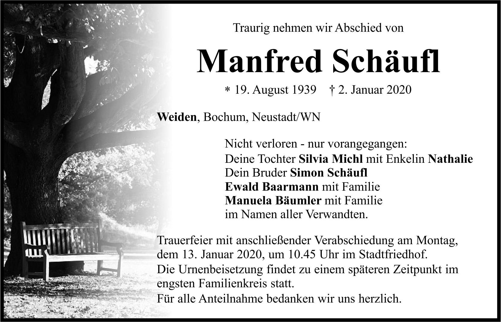 Traueranzeige Manfred Schäufl, Weiden NeustadtWN