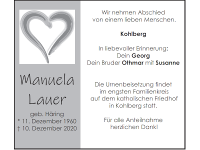 Traueranzeige Manuela Lauer, Kohlberg