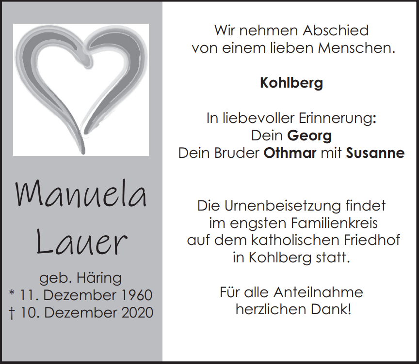 Traueranzeige Manuela Lauer, Kohlberg