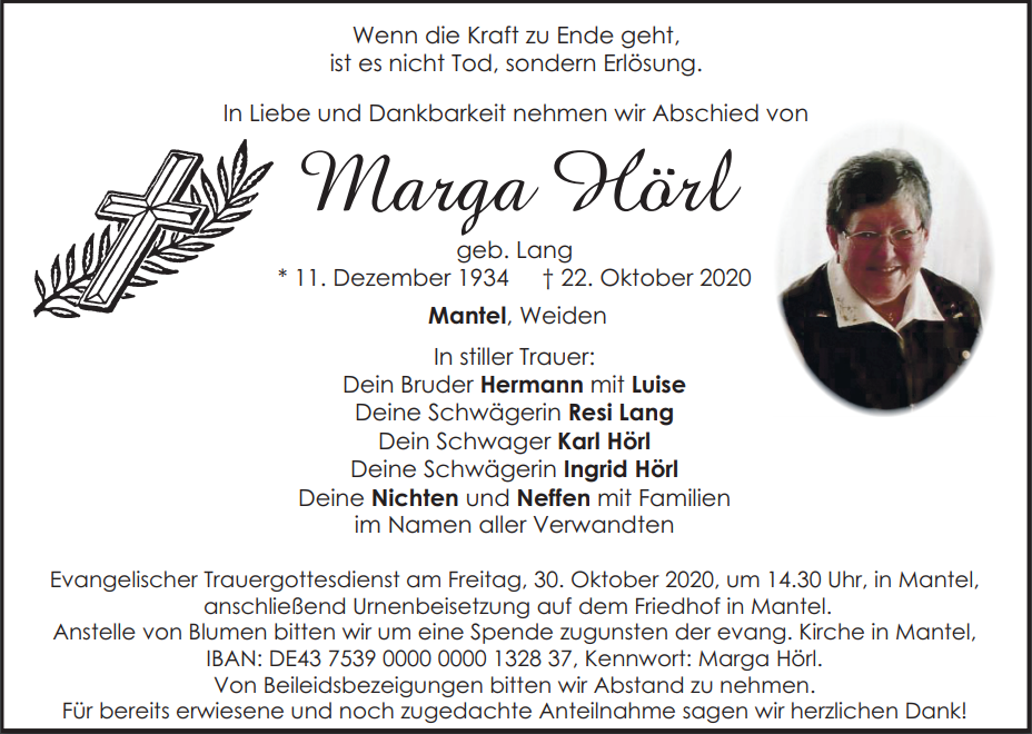 Traueranzeige Marga Hörl, Mantel