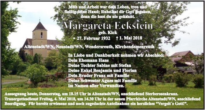 Traueranzeige Margareta Eckstein AltenstadtWN