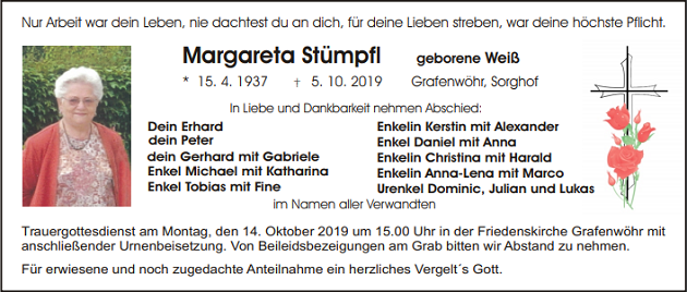 Traueranzeige Margareta Stümpfl Grafenwöhr