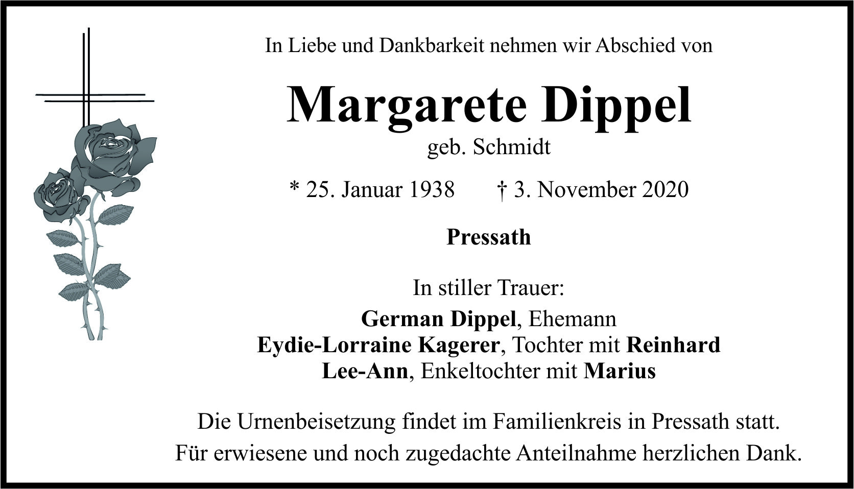 Traueranzeige Margarete Dippel, Pressath