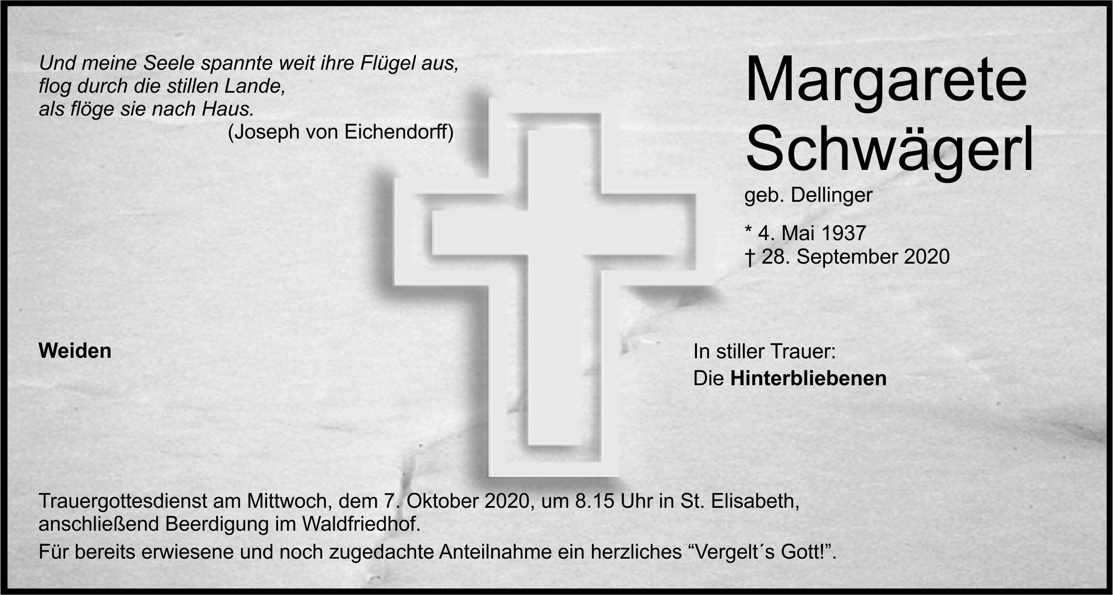 Traueranzeige Margarete Schwägerl, Weiden