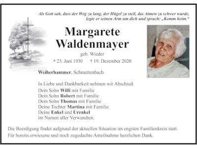 Traueranzeige Margarete Waldenmayer, Weiherhammer