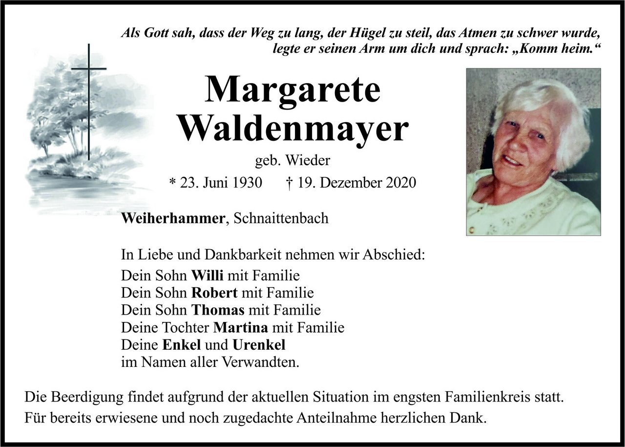 Traueranzeige Margarete Waldenmayer, Weiherhammer