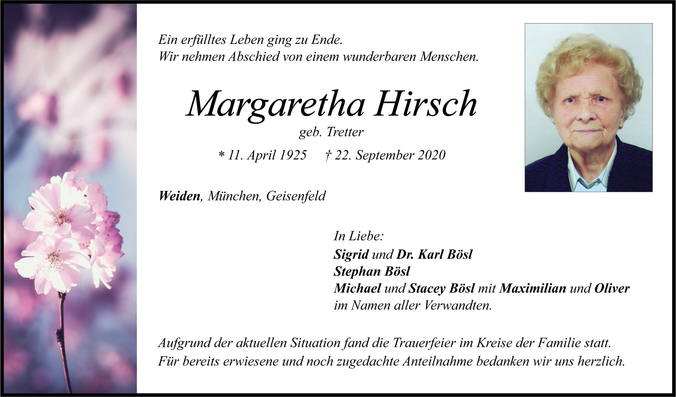 Traueranzeige Margaretha Hirsch, Weiden