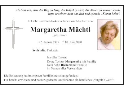 Traueranzeige Margaretha Mächtl, Schirmitz