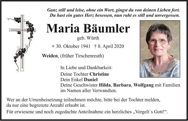 Traueranzeige Maria Bäumler Weiden