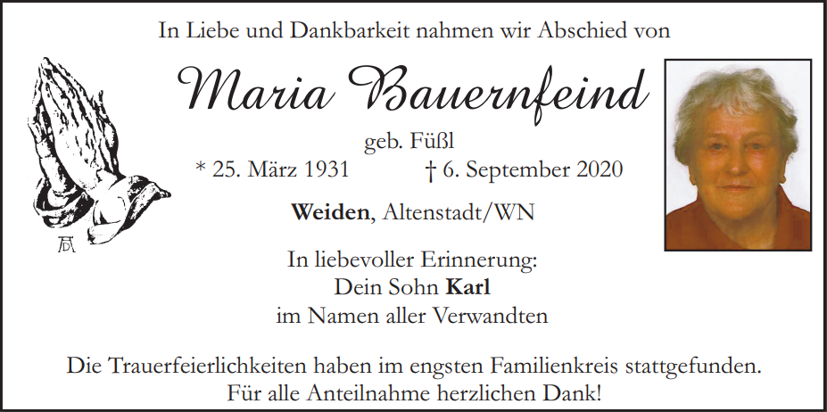 Traueranzeige Maria Bauernfeind, Weiden