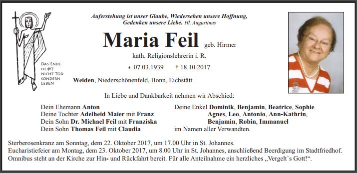Traueranzeige Maria Feil Weiden