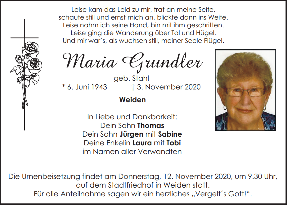 Traueranzeige Maria Grundler, Weiden