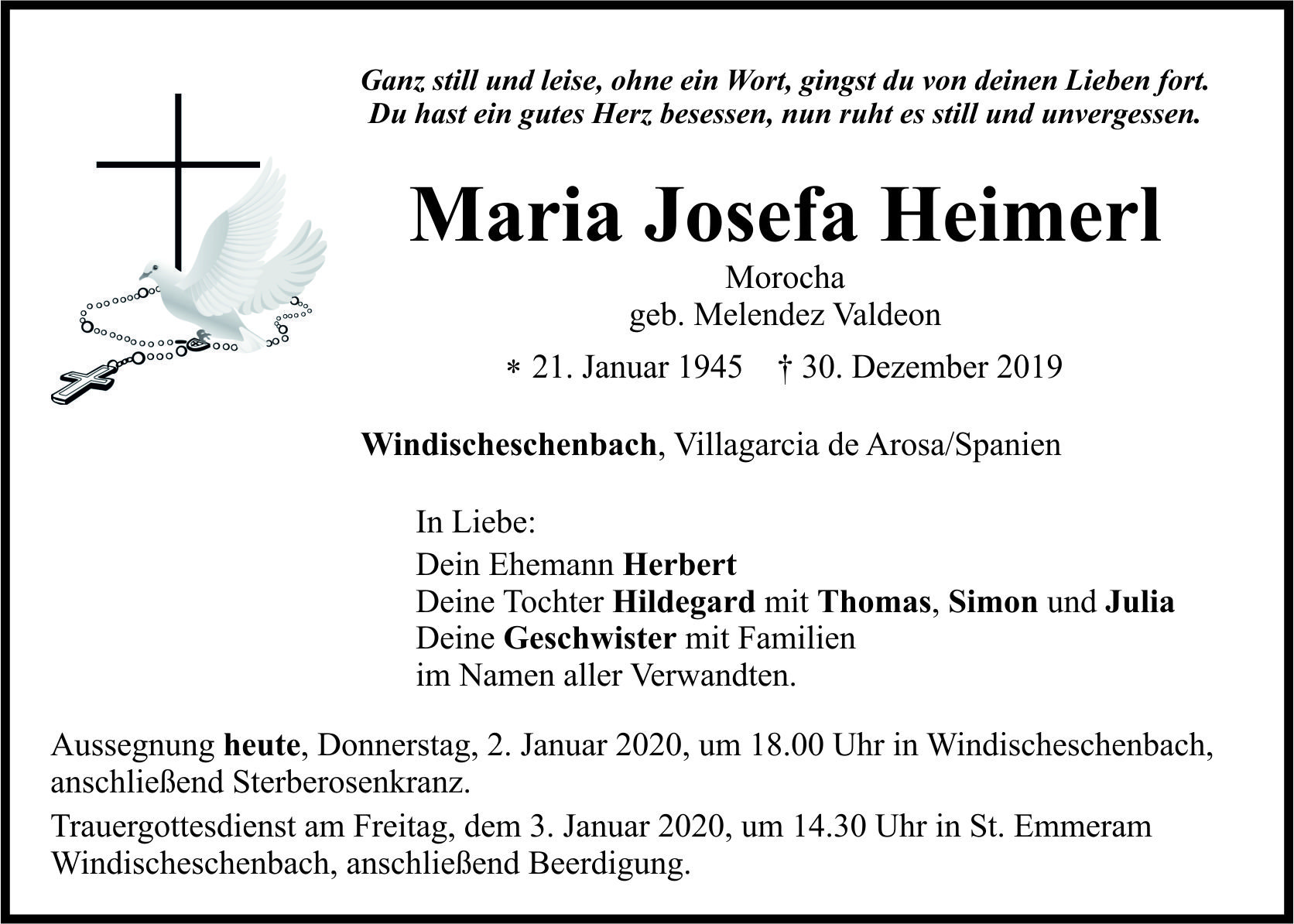 Traueranzeige Maria Josefa Heimerl, Windischeschenbach