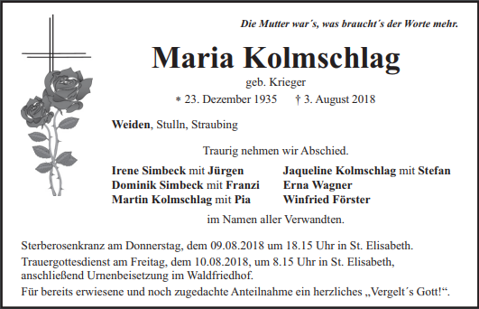 Traueranzeige Maria Kolmschlag Weiden