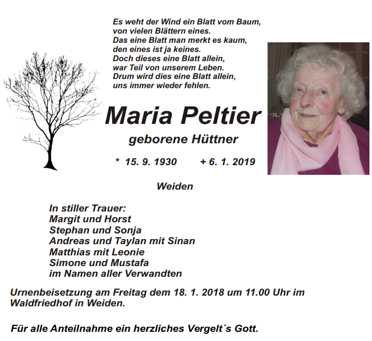 Traueranzeige Maria Peltier Weiden