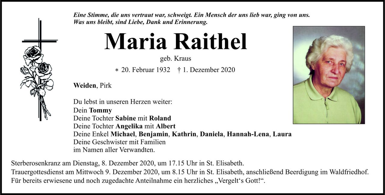 Traueranzeige Maria Raithel, Weiden