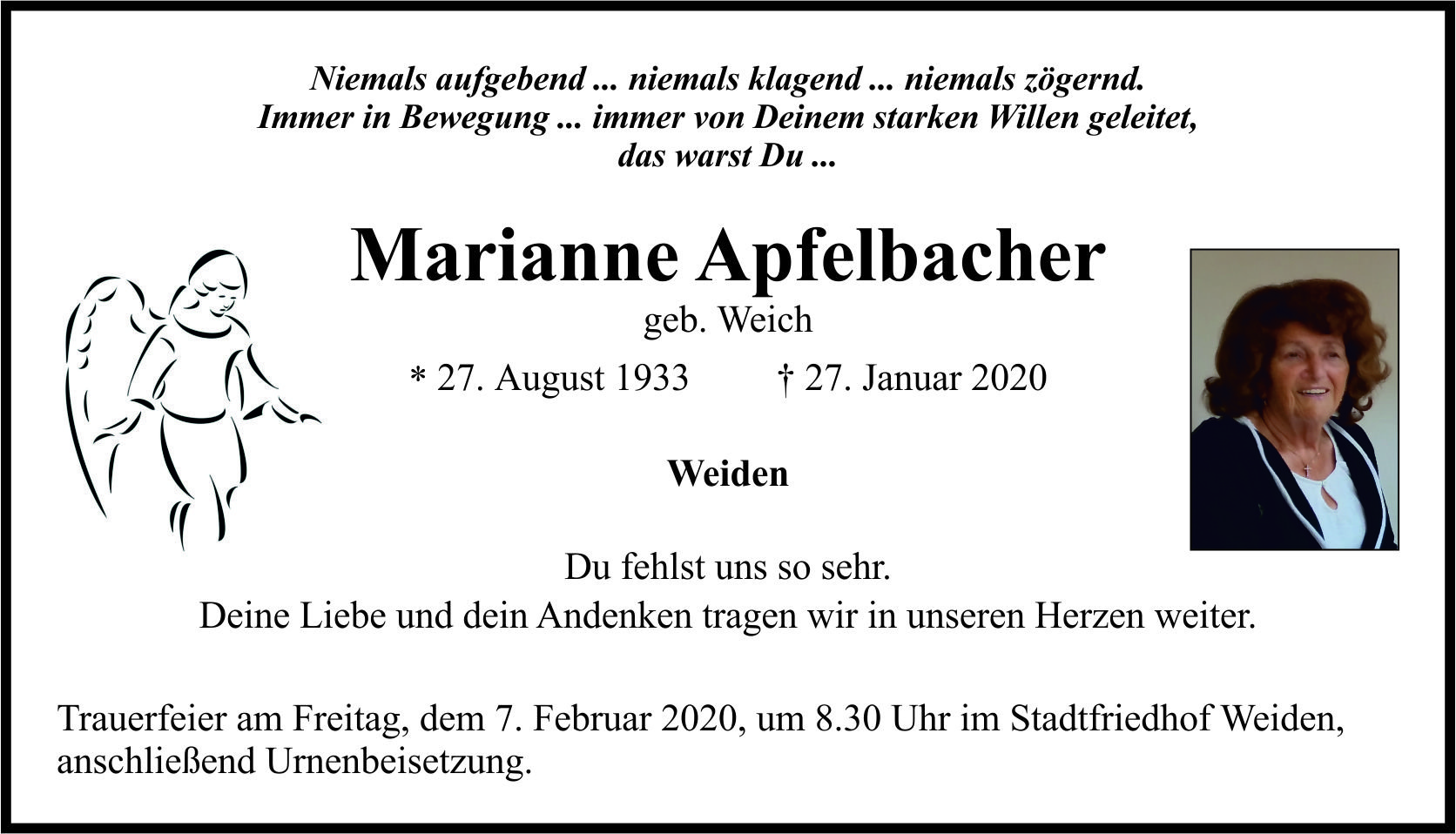 Traueranzeige Marianne Apfelbacher, Weiden