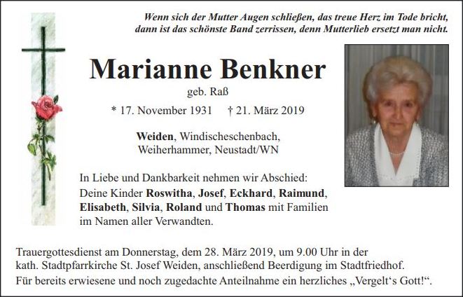 Traueranzeige Marianne Benkner Weiden