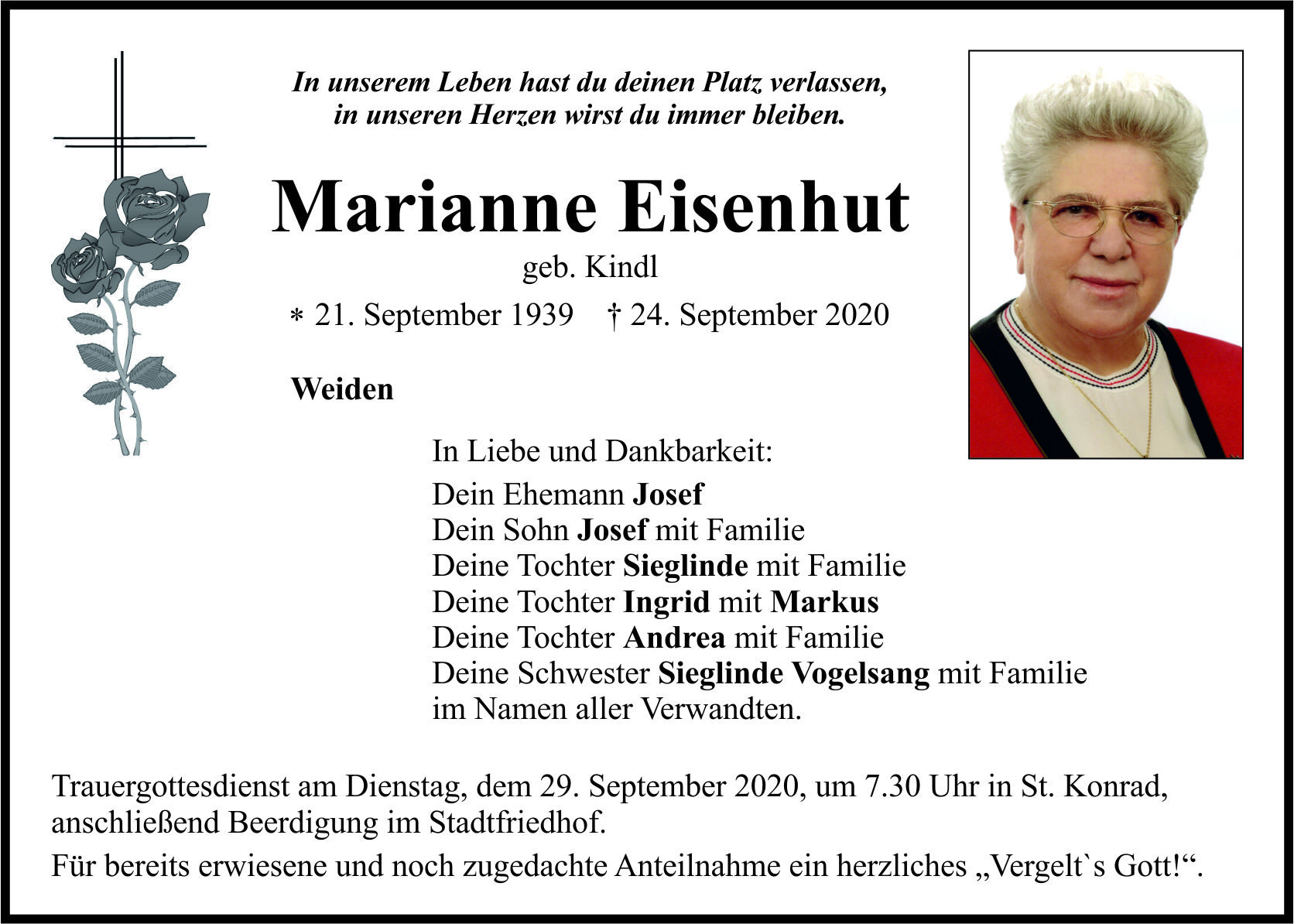Traueranzeige Marianne Eisenhut, Weiden