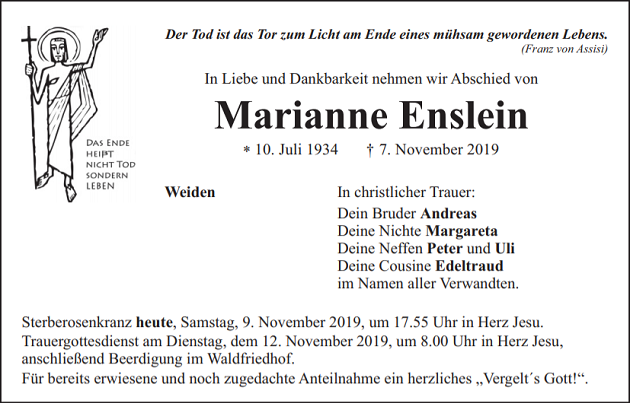 Traueranzeige Marianne Enslein Weiden