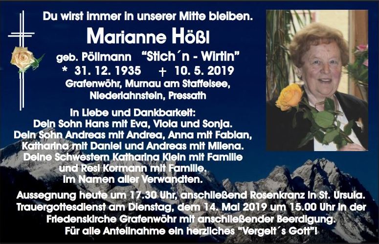 Traueranzeige Marianne Hößl Grafenwöhr