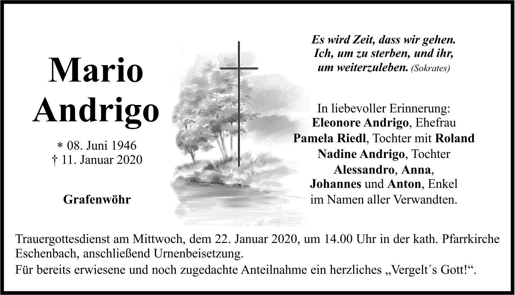 Traueranzeige Mario Andrigo, Grafenwöhr