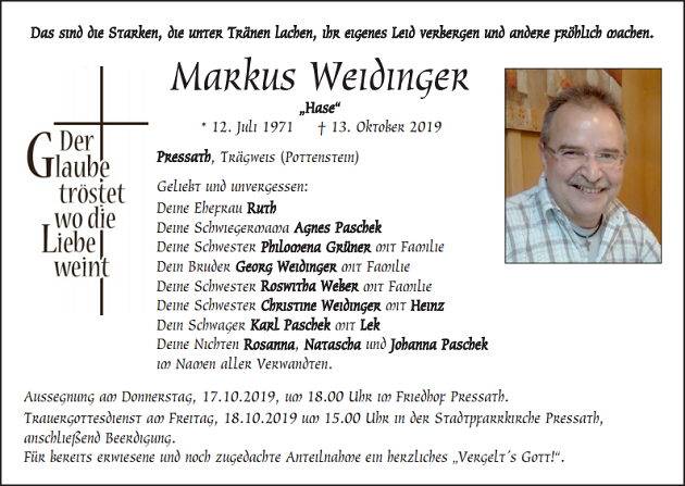 Traueranzeige Markus Weidinger Pressath