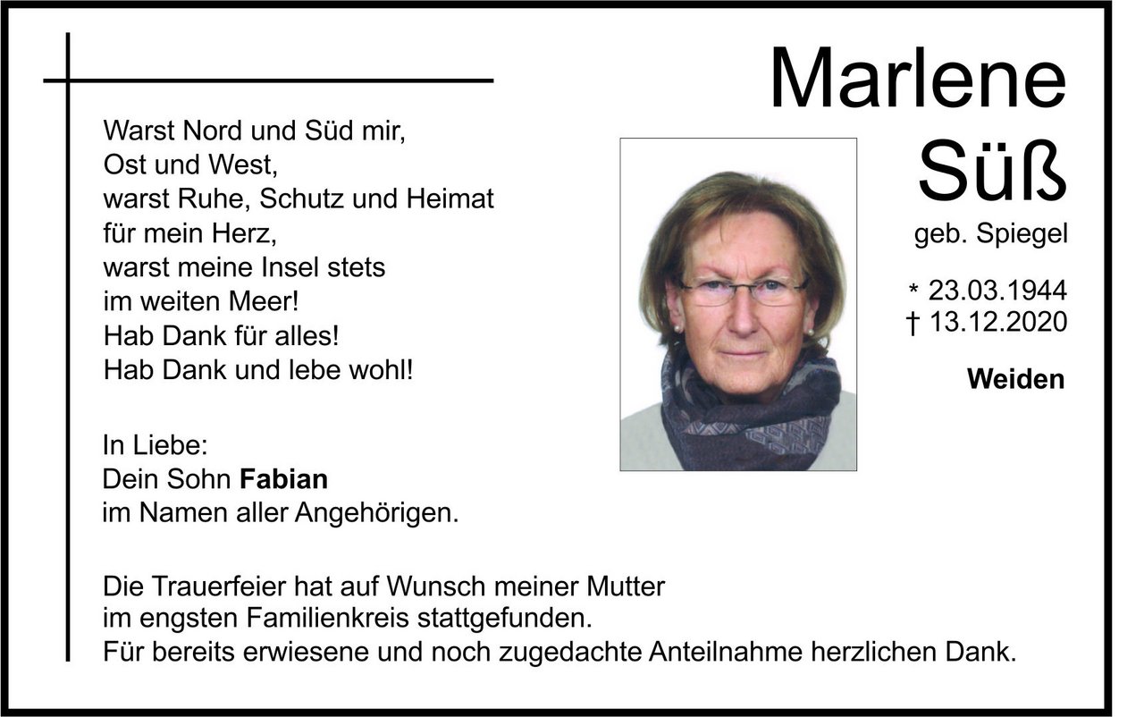 Traueranzeige Marlene Süß, Weiden