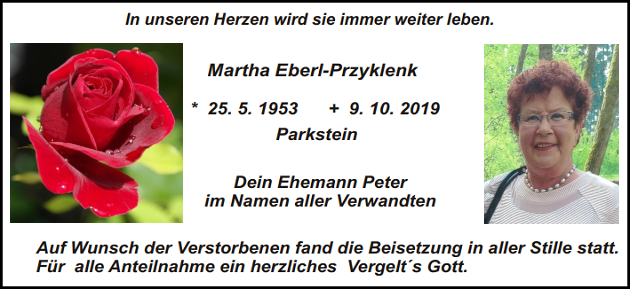 Traueranzeige Martha Eberl-Przyklenk Parkstein