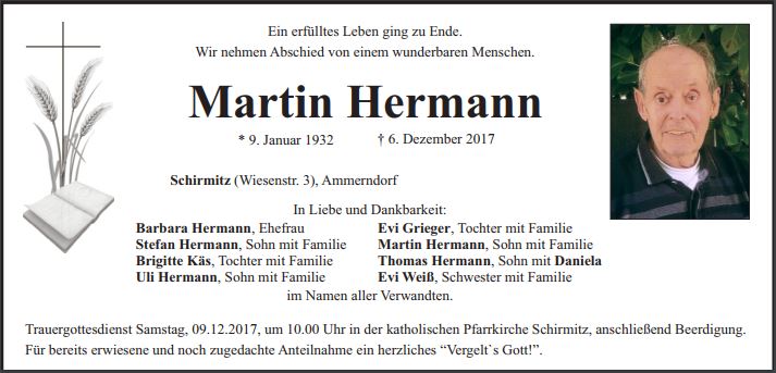 Traueranzeige Martin Hermann Schirmitz