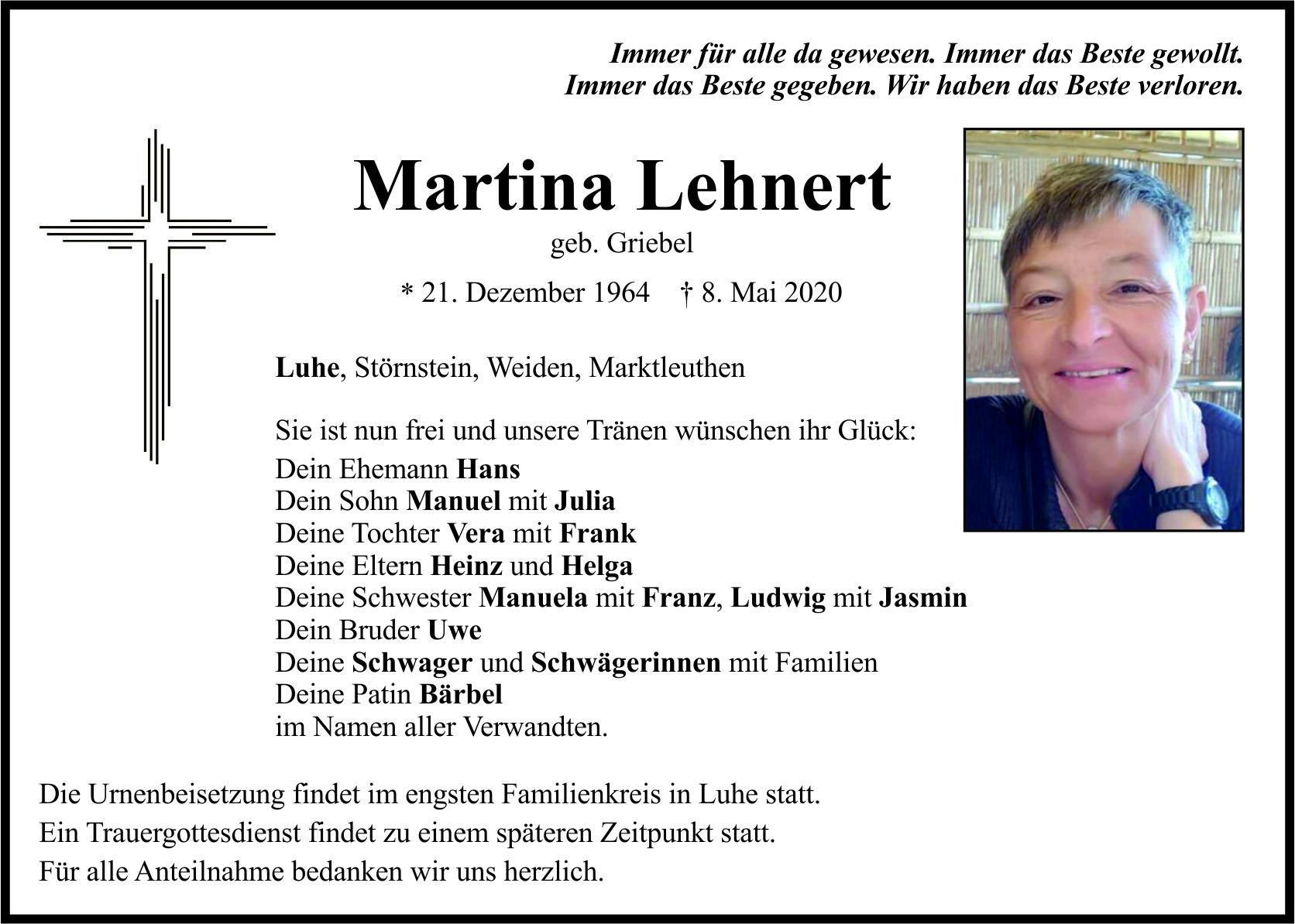 Traueranzeige Martina Lehnert