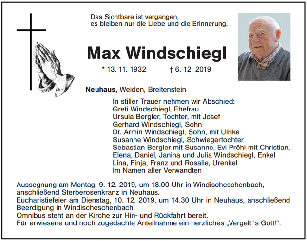 Traueranzeige Max Windschiegl Neuhaus