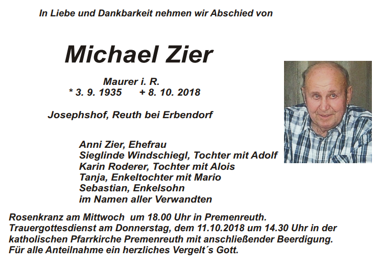 Traueranzeige Michael Zier Josephshof