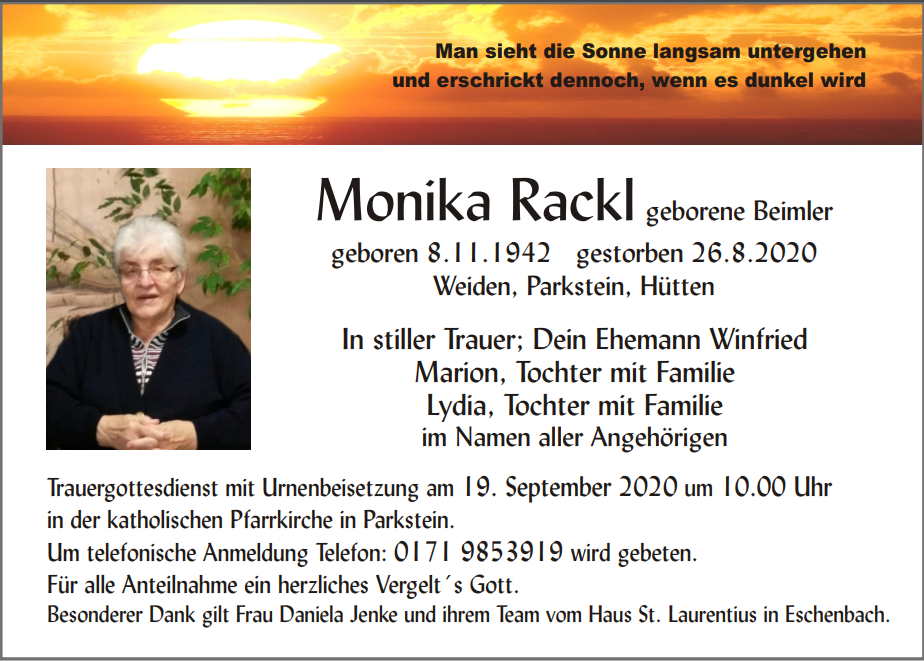 Traueranzeige Monika Rackl, Weiden