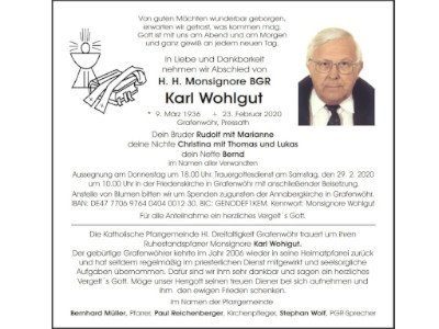 Traueranzeige Monsignore Karl Wohlgut, Grafenwöhr