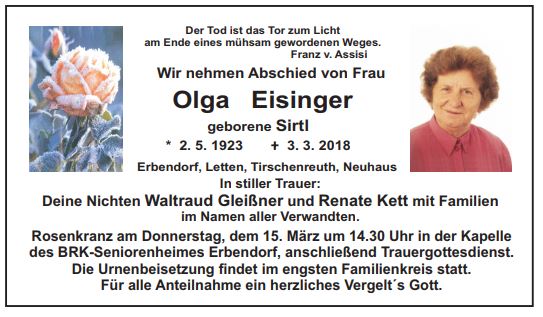 Traueranzeige Olga Eisinger, Erbendorf