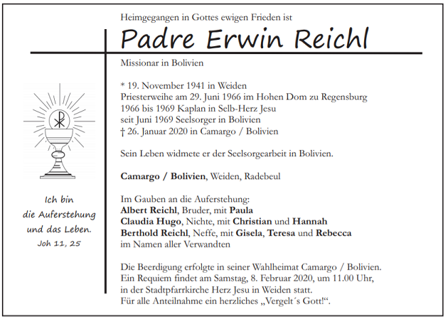 Traueranzeige Padre Erwin Reichl Weiden