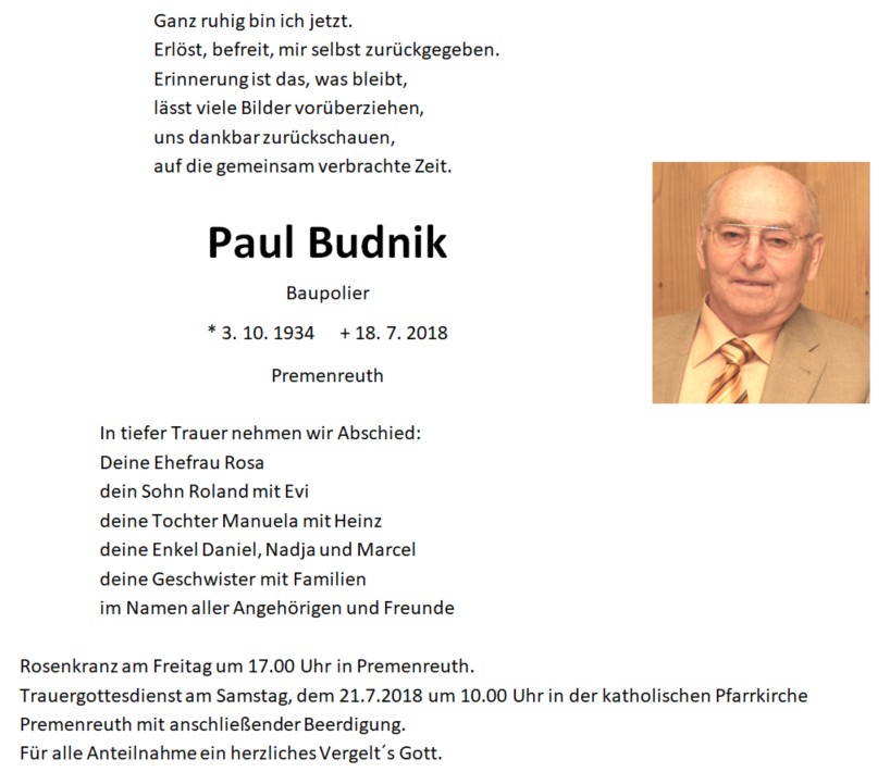 Traueranzeige Paul Budnik Premenreuth
