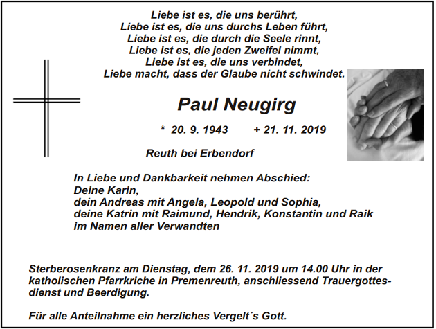 Traueranzeige Paul Neugirg Reuth bei Erbendorf