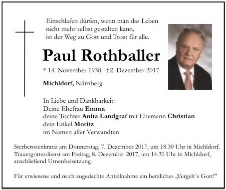 Traueranzeige Paul Rothballer Michldorf
